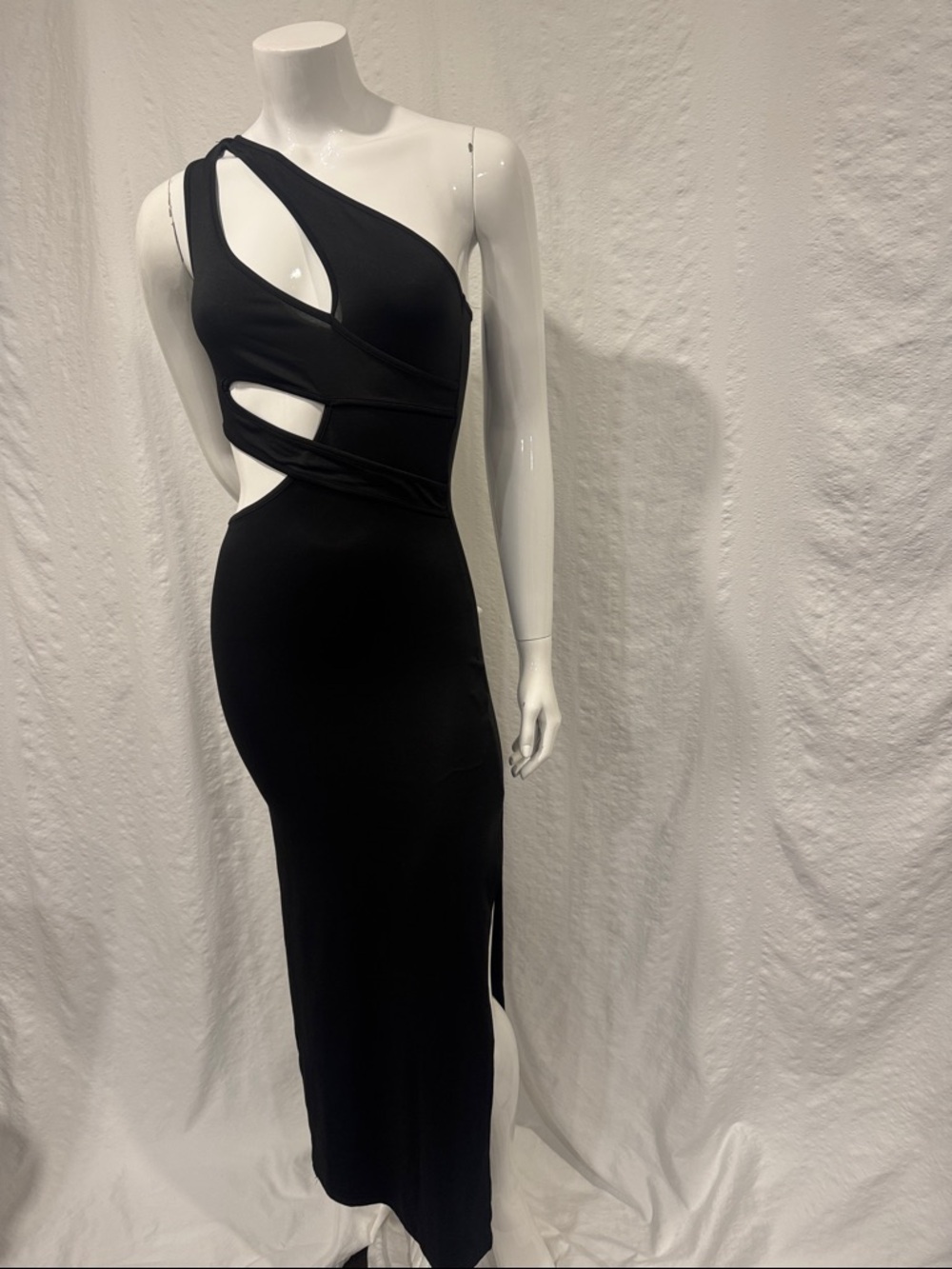 Black One Shoulder Dress XS Bodycon Side Slit Minimalist Cocktail
